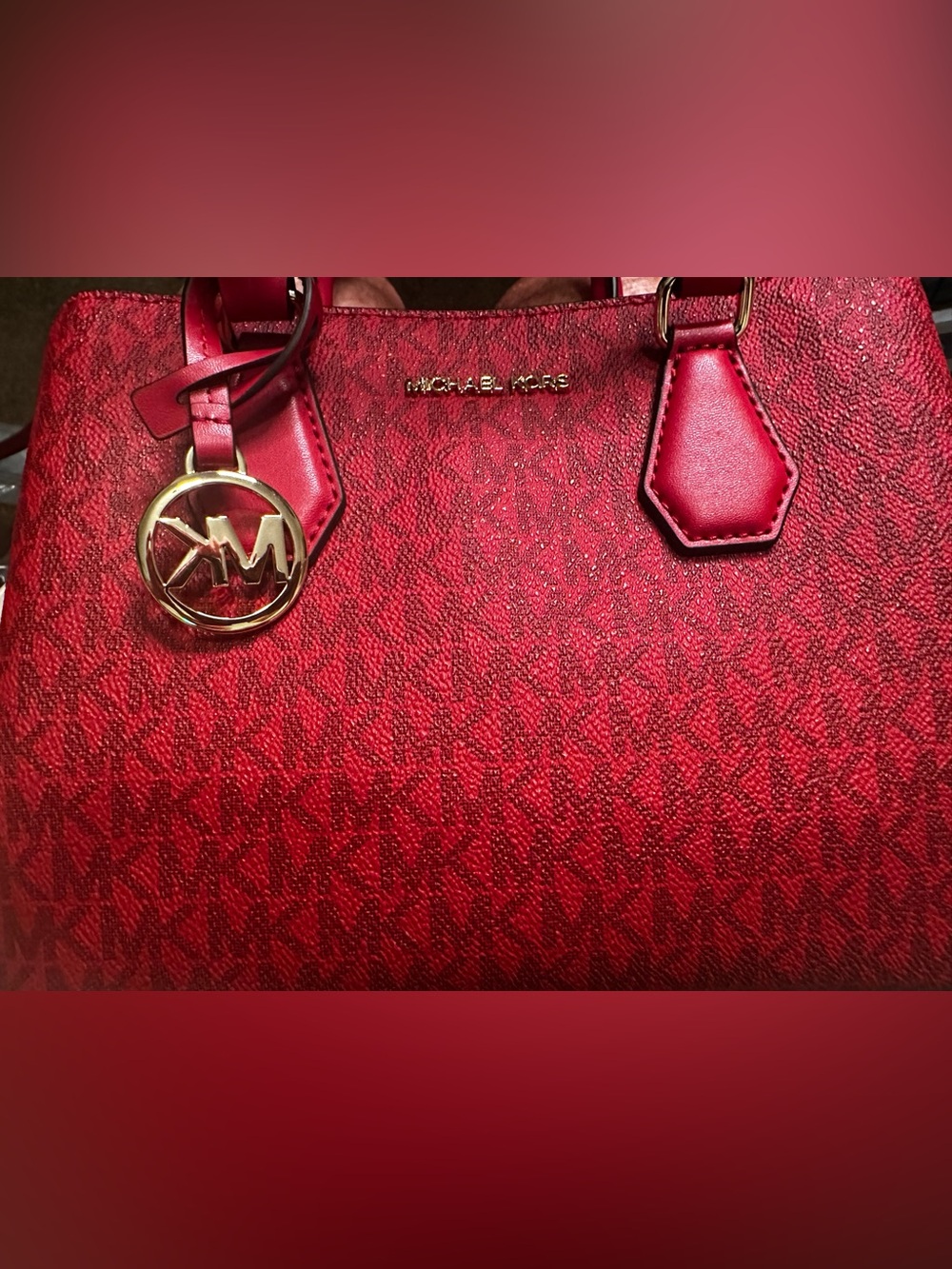 Michael Kors Red Signature Saffiano Satchel with Gold Logo Charm